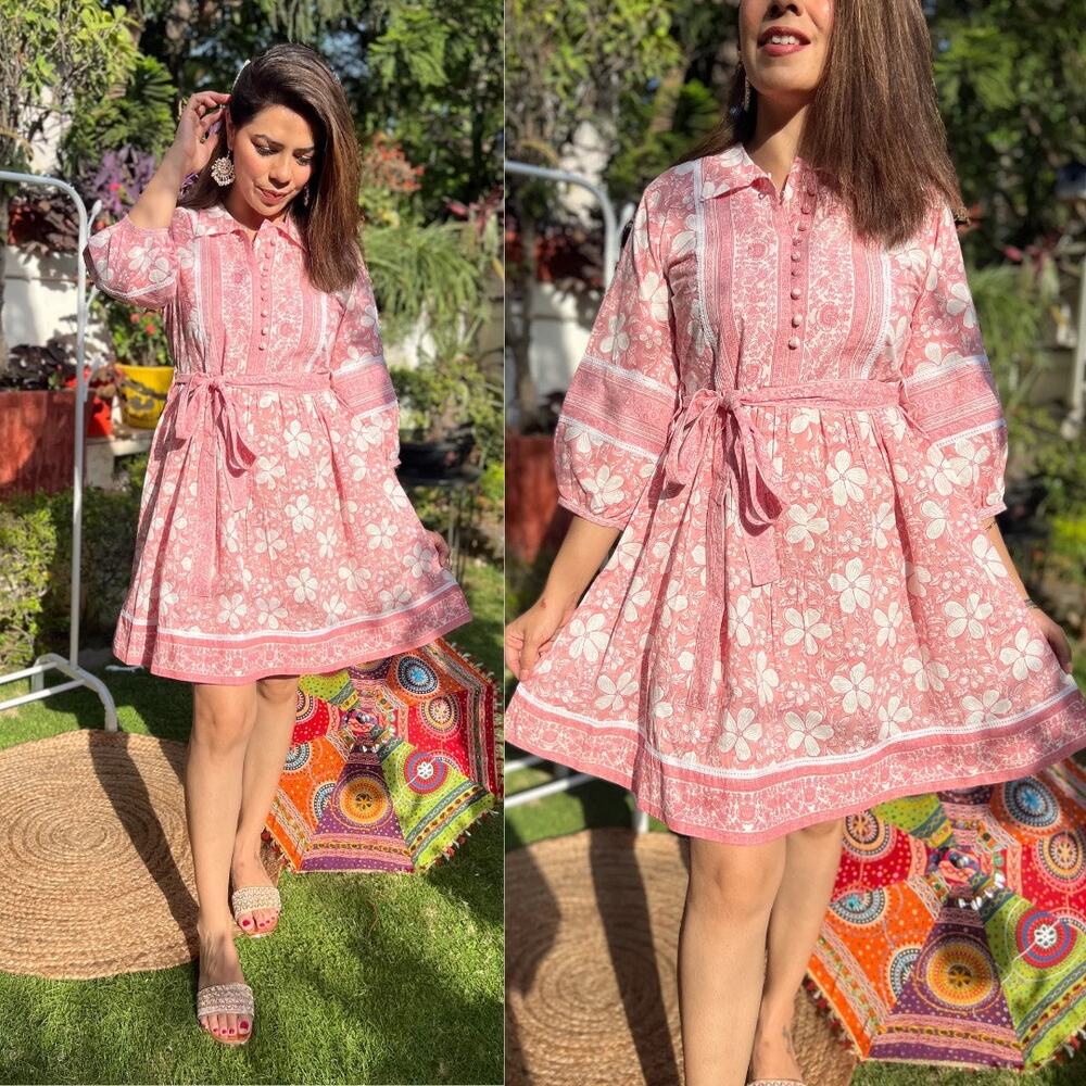 Jaipur Morni Pink Rose Flower Printed Belted 3/4 Sleeves Mini Dress (Sz L)